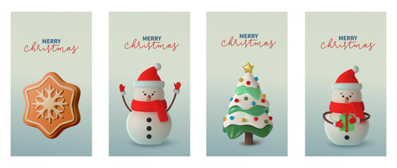 Set 3d modern vertical illustration featuring a snowflake shaped cookie, snowman, Christmas tree on a soft gradient background. With the text Merry Christmas in elegant typography. Vector illustration