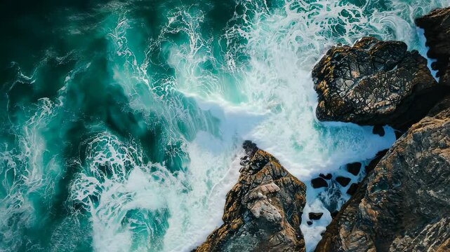 This aerial videograph captures the vast expanse of the ocean and the ruggedness of the rocks below, Aerial capture of waves crashing against a rocky coastline