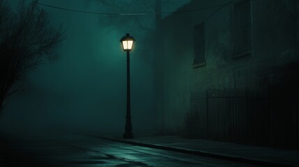 Lone Lamp Post Illuminating a Deserted Street at Night Generative AI