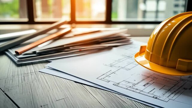 Yellow construction helmet on blueprints with tools, sunlight streaming in.