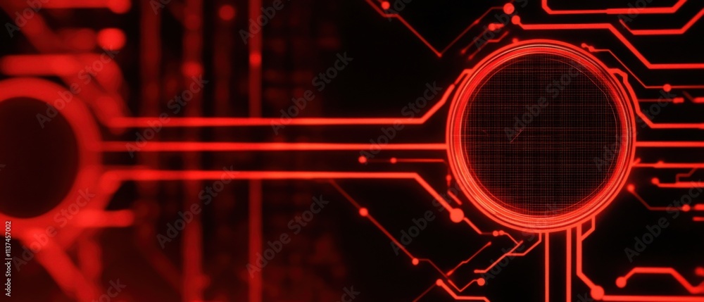 Poster abstract red circuit board technology background with glowing lines and central circle
