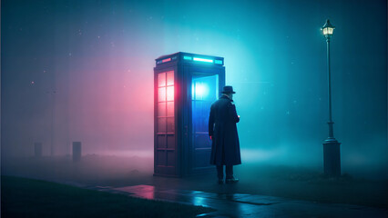 Mysterious figure in a trench coat standing next to a glowing phone booth in a foggy night scene