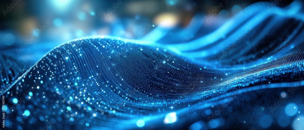 Poster abstract blue particle wave background: digital technology and data flow concept