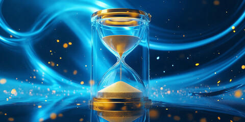 Minimalist Hourglass with Dynamic Blue Light Trails and Golden Frames