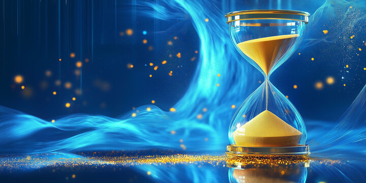 Golden Hourglass with Flowing Sand Amidst Ethereal Blue Trails