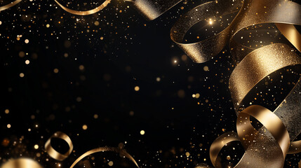 Naklejka premium Luxury Dark Background with Black, Dark Navy, Gold Ribbon, and Bokeh – Elegant Backdrop for Special Occasions