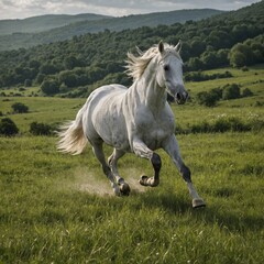 A white horse galloping through a lush green meadow, under a bright white sky.