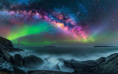 Fototapeta premium Stunning night sky with the Milky Way stretching across a starry backdrop. Ideal for nature and astronomy themes.