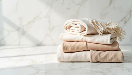 Carefully folded scarves in neutral colours on a marble surface with light shadows