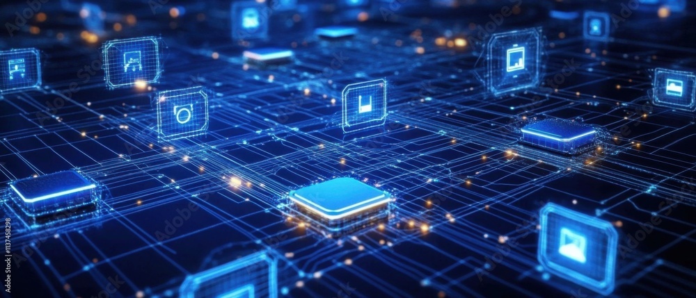 Poster futuristic digital network: abstract technology background with glowing circuit board and data icons