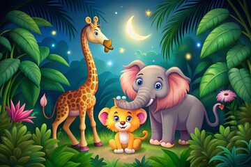 Cute Cartoon Animals Jungle Night: Lion Elephant Giraffe Flamingo Low Light Illustration