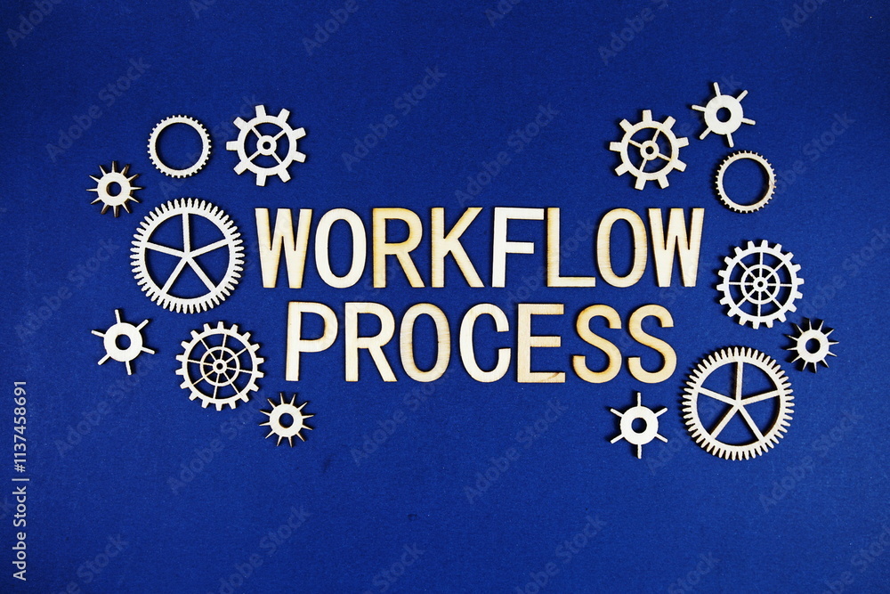Poster workflow process alphabet letters with gears element on navy blue background