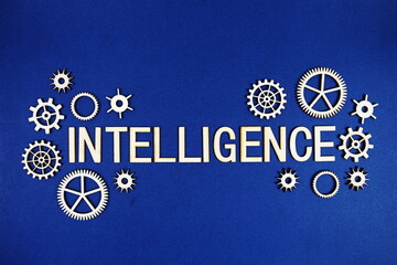 Intelligence alphabet letters with gears element on navy blue background