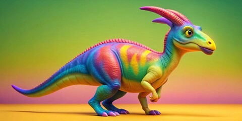 Obraz premium Cute Cartoon Parasaurolophus Dinosaur Illustration, Adorable Dino, Funny Prehistoric Animal, Childrens Book, Kids Illustration