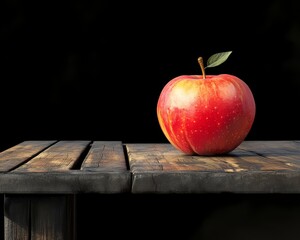 Red apple rests wooden table dark background