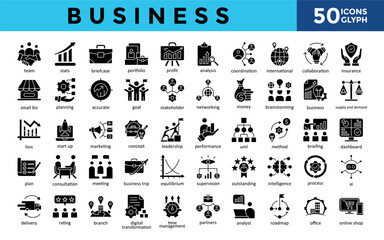 Business icons set with team, stats, briefcase, portfolio, profit, analysis, coordination, international, collaboration, insurance icon. Simple glyph vector 
