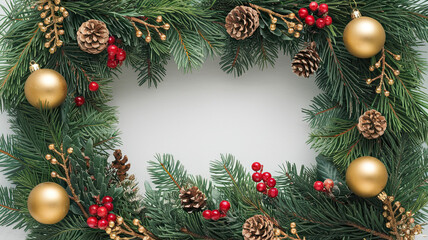 Festive Christmas Frame with Lush Green Pine Branches Adorned with Golden Baubles, Red Berries, and Pine Cones, Forming a Rectangular Border Around White Background for Holiday-Themed Design Contrast
