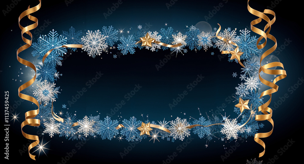 Poster luxury gold decorative frame in new year style with snowflakes and balls, with empty space in the ce