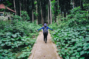 A hiker woman walking in the autumn forest, adventure travel, active lifestyle.