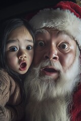 Merry christmas, &Ntilde;ute child girl surprised with santa claus. Christmas advertising concept image for print and online use. Xmas and joy visuals. Seasonal cheer ads. Christmas spirit promotion.