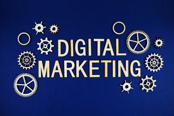 Naklejka premium Digital Marketing alphabet letters with gears element on navy blue background