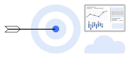 Obraz premium Arrow hitting blue bullseye, analytics dashboard with line and bar graphs, and a cloud icon. Ideal for business strategy, goal achievement, analytics, marketing, data analysis, performance tracking