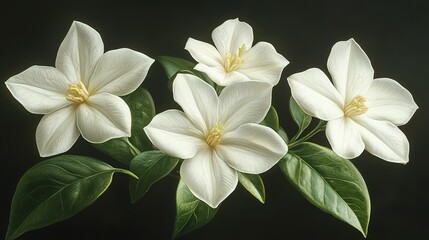 Fototapeta premium Elegant White Flowers With Green Leaves Against Black Background