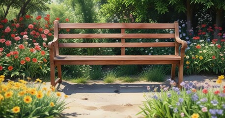 Watercolor painting of a wooden bench in a blooming garden, nature, spring, peaceful