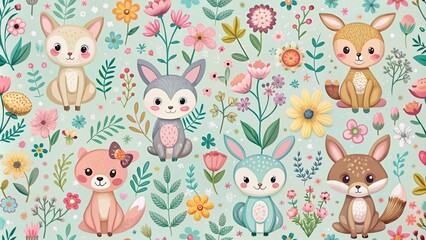 Cute Girly Fairytale Baby Textile Print: Seamless Cartoon Pattern for Nursery Decor