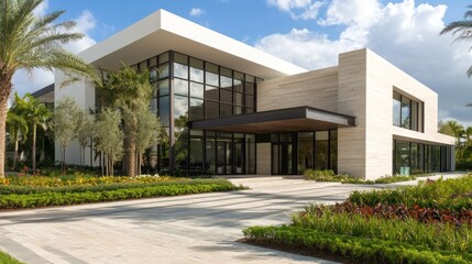 Modern architectural design featuring a spacious building with large windows and landscaped gardens.