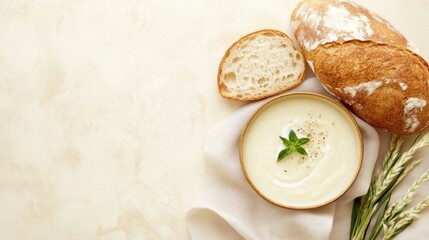 Creamy cauliflower soup garnished with basil and black pepper, served with rustic bread. Concept: rustic elegance, comfort food