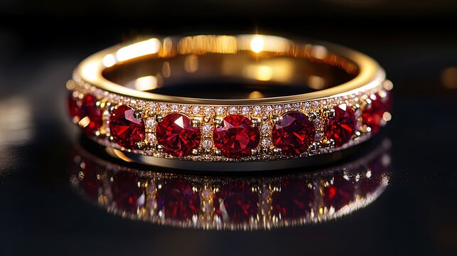 Gold Ring with Red Gems Sparkling Details and Hip-Hop Vibe A detailed view of a luxurious gold ring adorned with big red jewels reflecting light in a hip-hop style Hyper-realistic HD quality shot