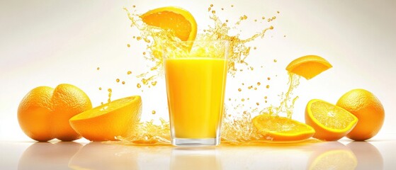 Fresh Orange Juice Splashing into Glass with Sliced Oranges