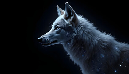Obraz premium White wolf with blue glitter sparkles headshot, close up with black background