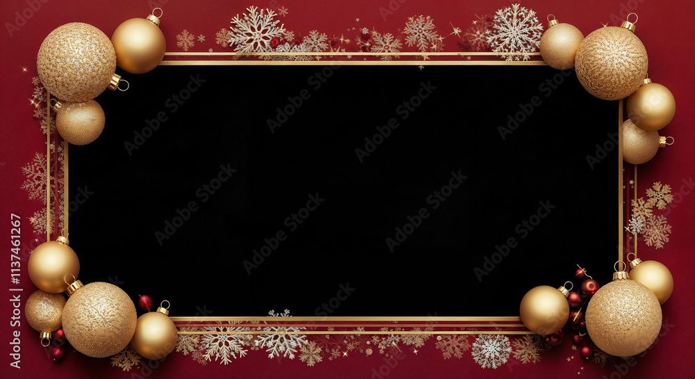 Poster luxury gold decorative frame in new year style with snowflakes and balls, with empty space in the ce