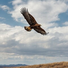 A golden eagle soaring above an open plain, under a dazzling white sky.