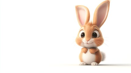 Obraz premium A cute cartoon rabbit with big brown eyes and a fluffy tail.