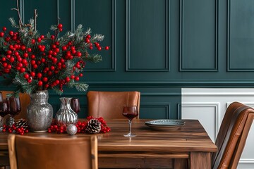 Festive Christmas Dining Table Setting with Red Berries