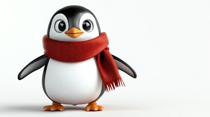 A cute cartoon penguin wearing a red scarf.