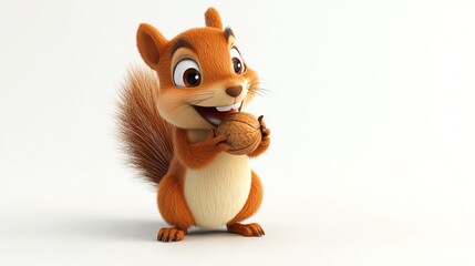 Naklejka premium A cute cartoon squirrel with big eyes, holding a nut in front of a white background.