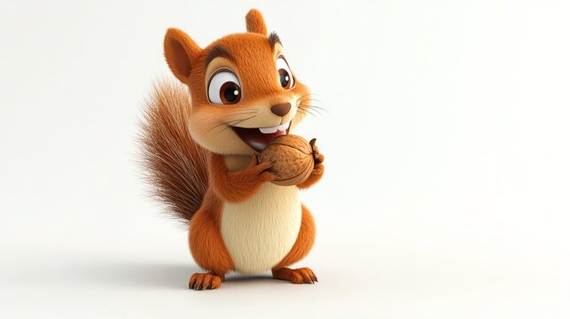 Fototapeta A cute cartoon squirrel with big eyes, holding a nut in front of a white background.