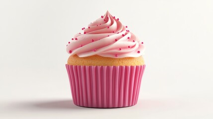A pink cupcake with frosting and sprinkles, isolated on a white background.