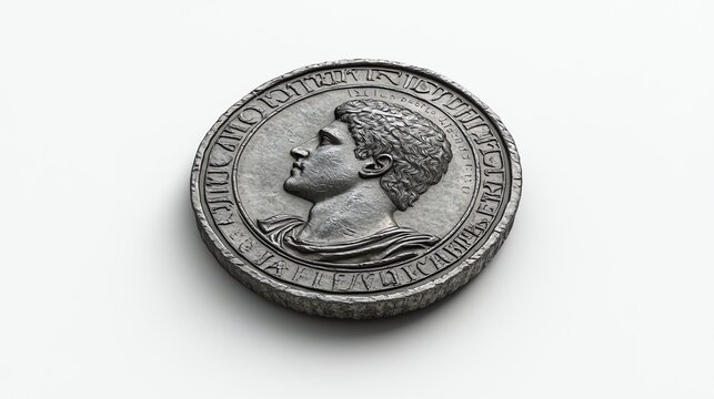 A silver coin with a profile portrait of a man on one side and text around the edge.