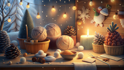 Cozy winter still life with yarn, pinecones, candles, and decorations in a warm indoor setting
