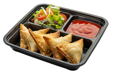 Crispy Tatsujin samosa with ketchup and salad  Isolated On White Background