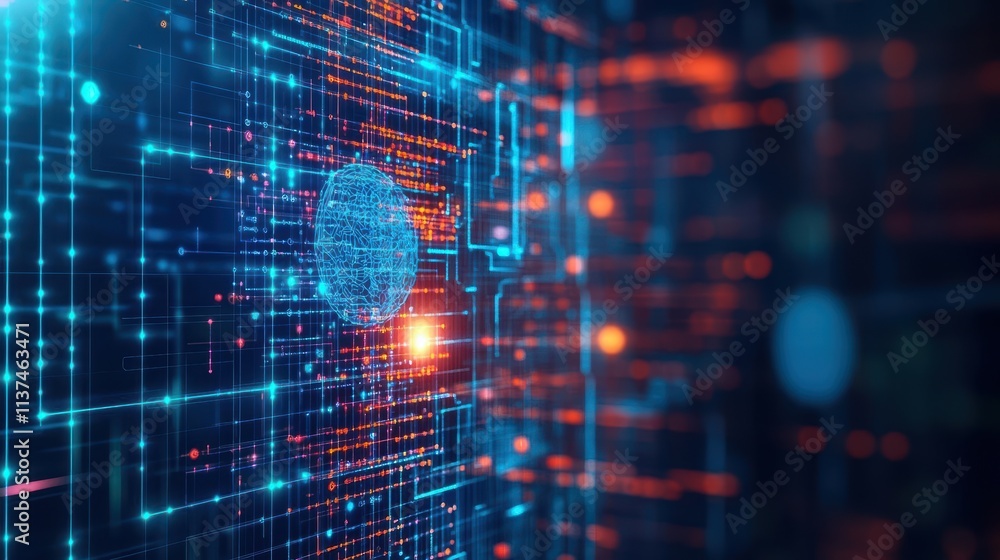 Poster The fusion of machine learning algorithms and cybersecurity software protecting critical infrastructures front view illustrating a smart interface digital tone Analogous Color Sche
