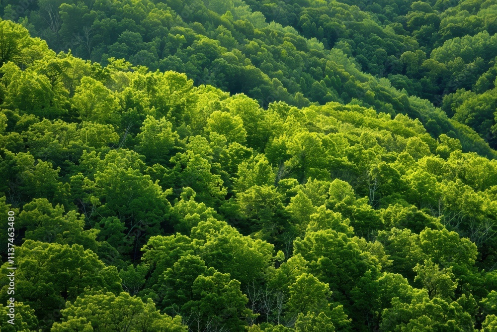 Poster a lush green forest with trees of various sizes. generative ai