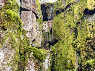 Rocky ravine covered with green moss on the rocks