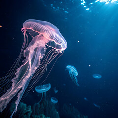 Naklejka premium A large, pink, glowing jellyfish There was a little glow of orange, swimming, beautiful to the dark sea