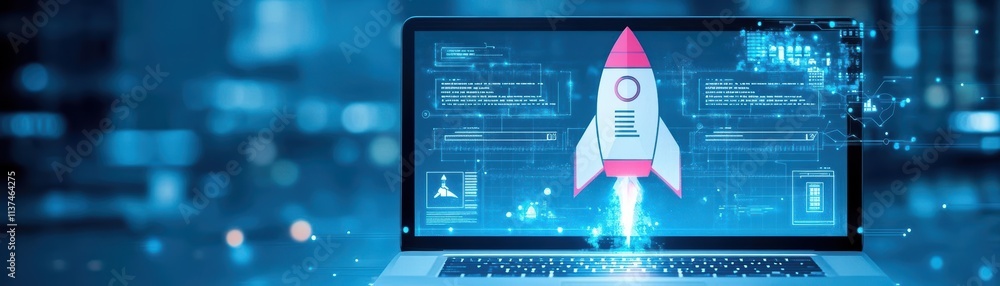 Aufkleber rocket designs on a creative laptop screen interface with a minimalist style technology tone monochr